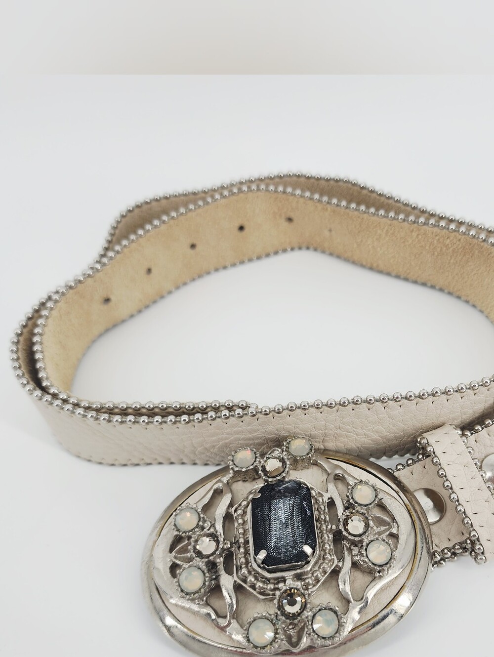 Vintage Leatherock Made in USA Statement Buckle Rhinestone Cream 90s Y2K Belt
